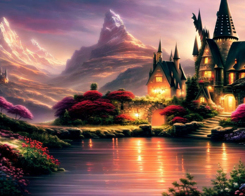 Enchanting castle in fantasy landscape with river, flora, sunset, mountains