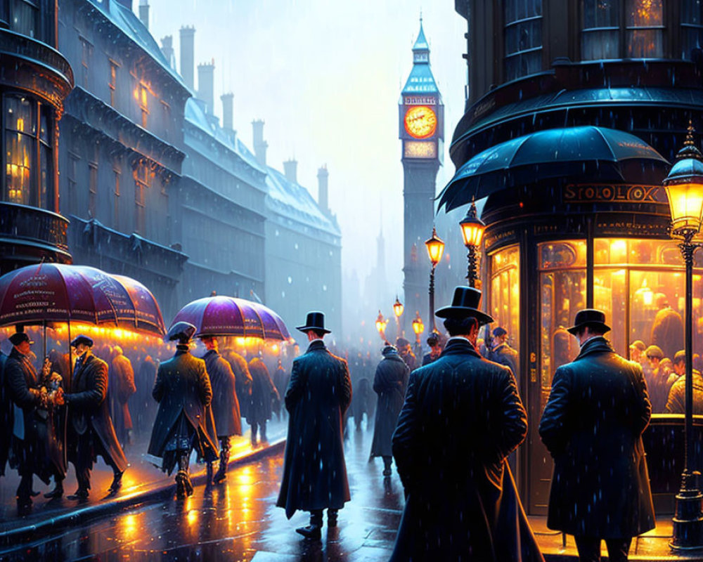 Historic London Street Scene with Rainy Twilight and Big Ben