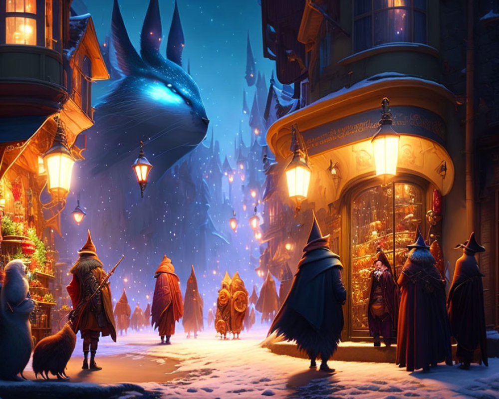 Snowy night street scene with whimsical anthropomorphic animals and magical characters, featuring a towering rabbit figure