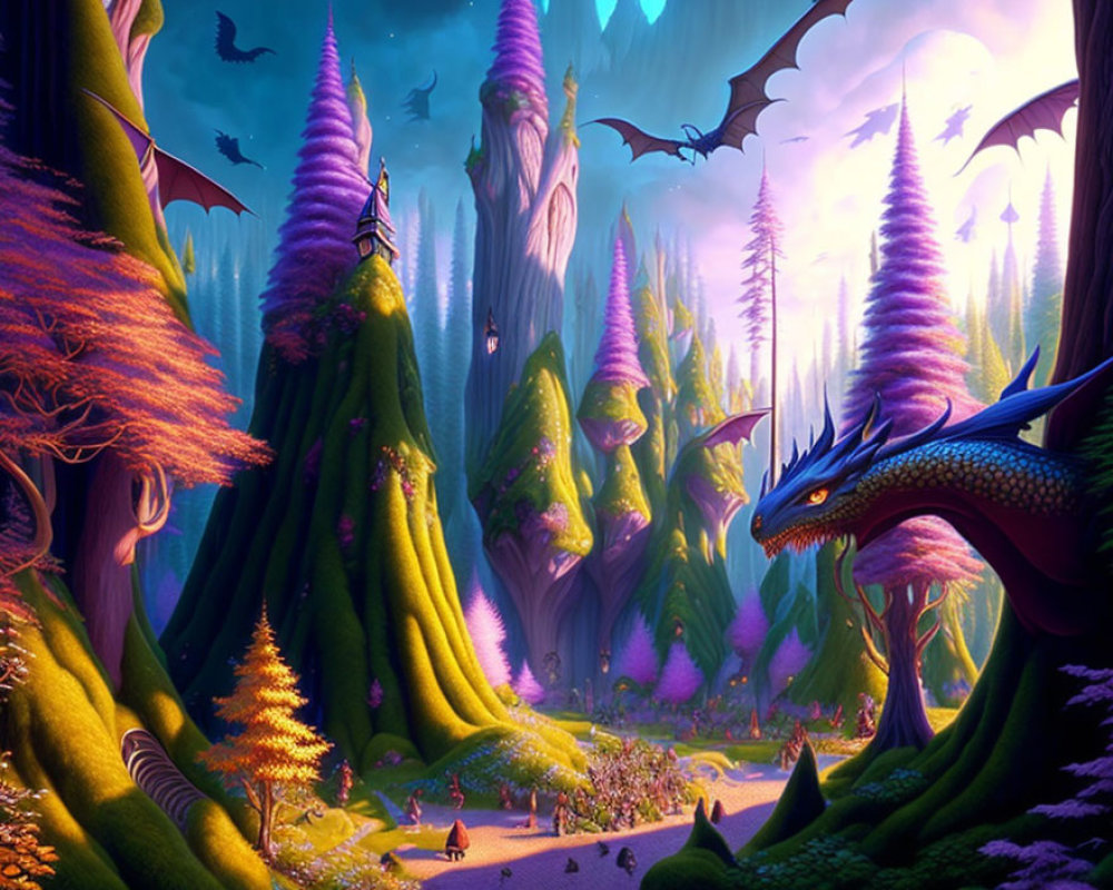Majestic blue dragon in vibrant fantasy forest