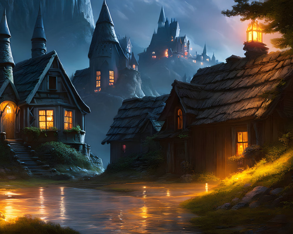 Twilight village with glowing windows, thatched-roof cottages, river, and distant castle.