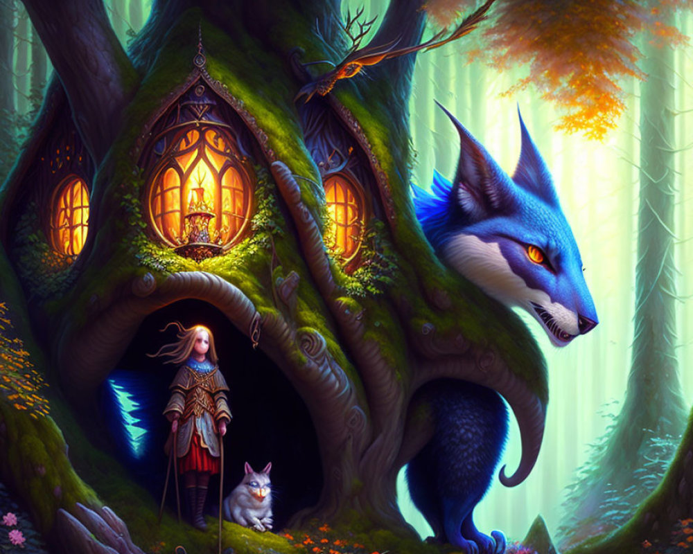 Woman, wolf, cat, and owl in magical forest scene