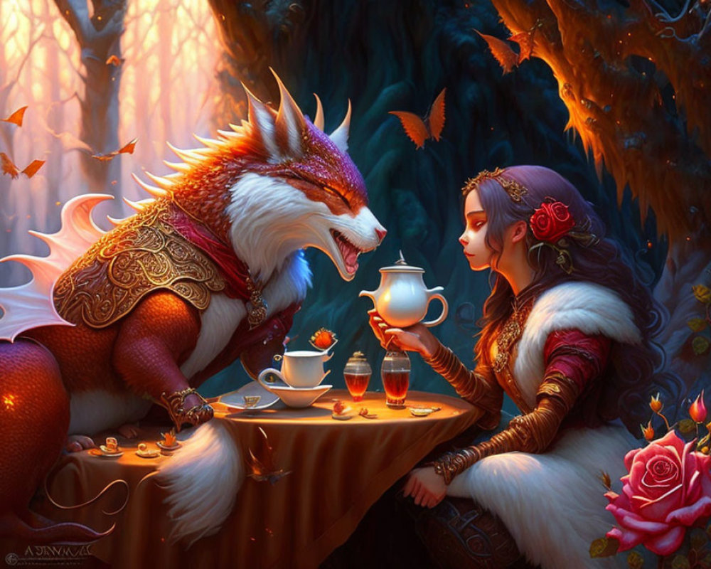 Medieval woman and fox creature at vibrant forest tea party