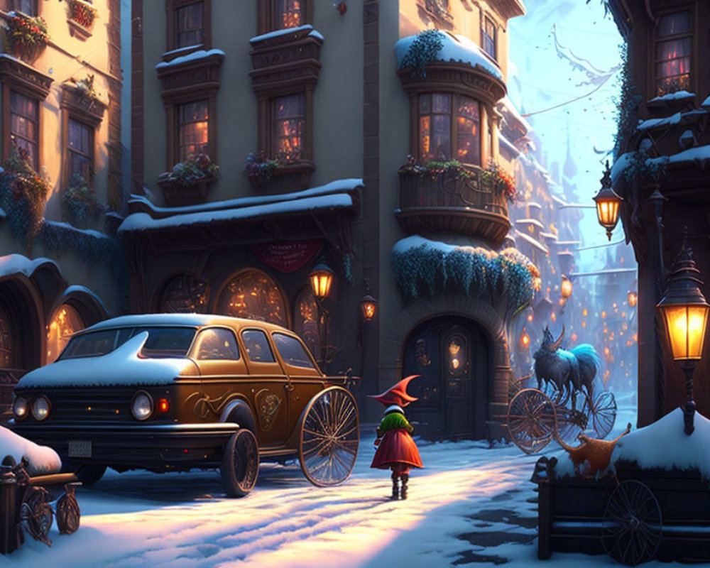 Child walking on snowy vintage street with festive decorations, old car, deer & streetlights