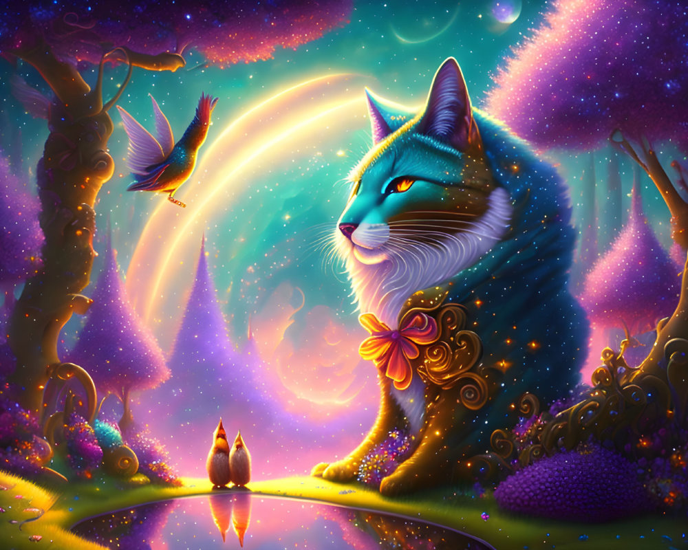 Colorful Illustration of Majestic Cat with Birds and Neon Landscape
