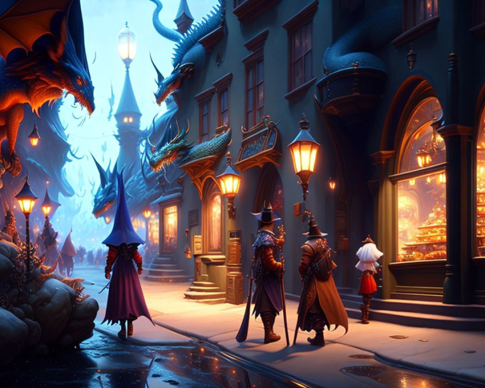 Fantasy street scene at twilight with cloaked figures and dragons among glowing lanterns