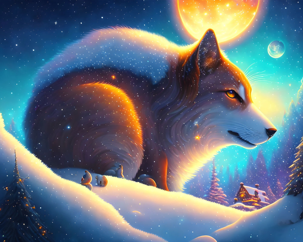 Fox in snowy landscape under starry sky with full moon and cozy cottage.