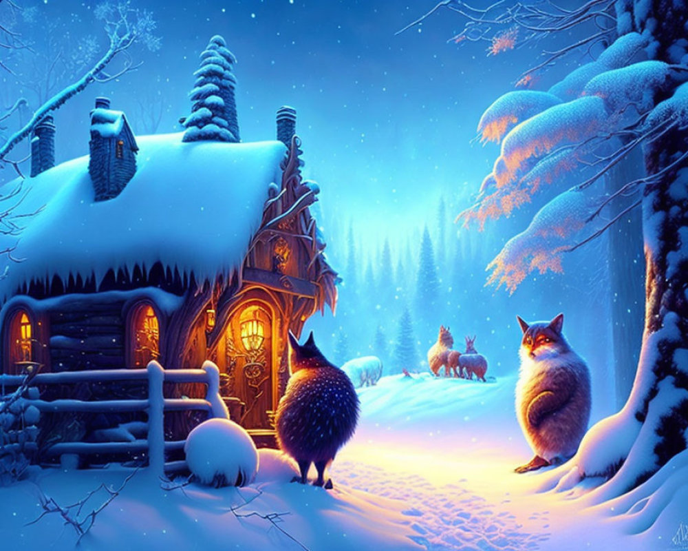 Snow-covered cabin with illuminated foxes in winter scene