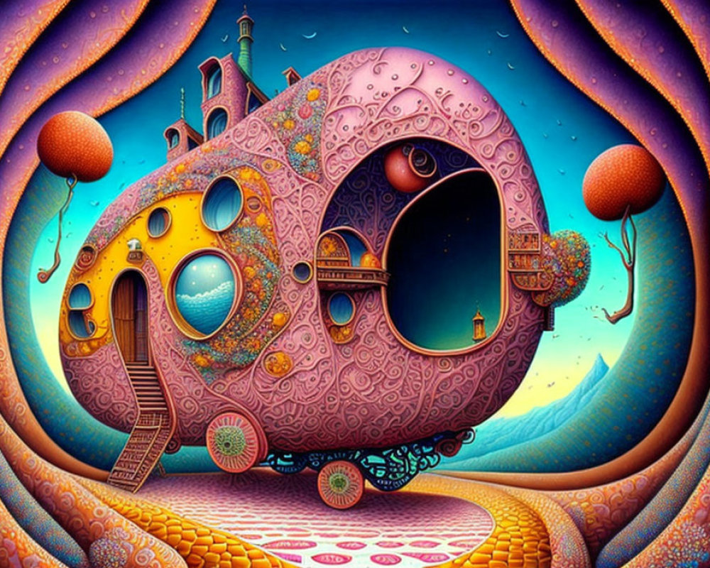 Colorful surreal snail-shaped house illustration with intricate patterns on vibrant landscape