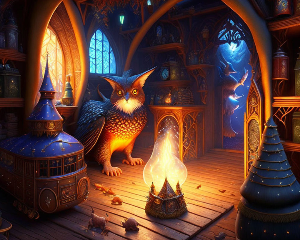 Enchanting Room with Owl, Wizard's Hat, Levitating Books, and More