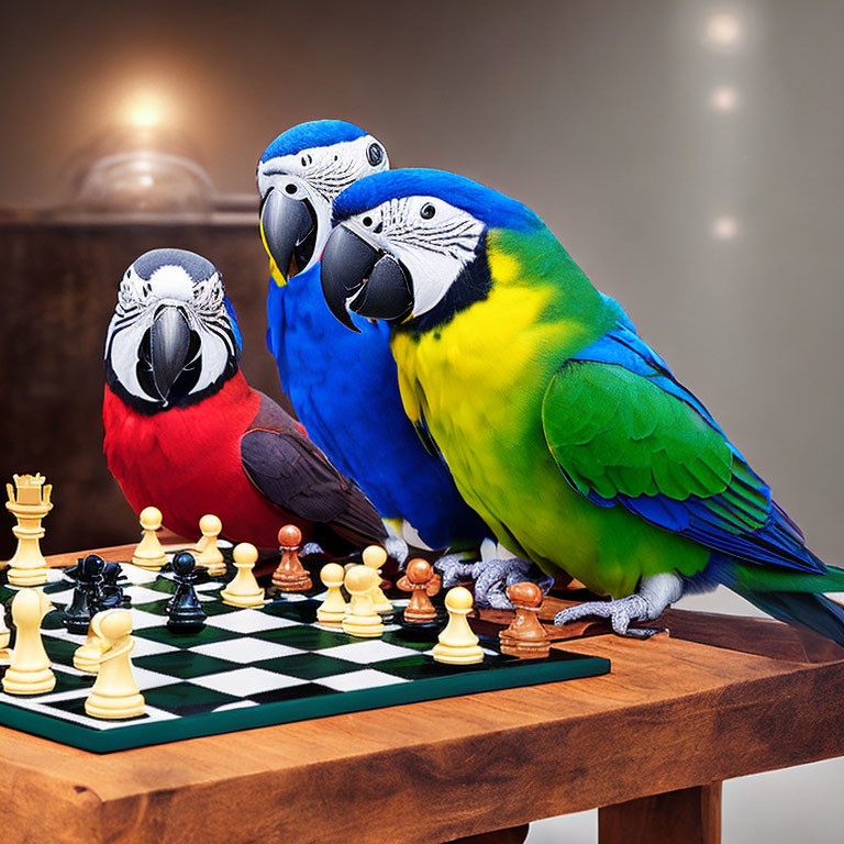 Colorful Macaws Perched Around Chessboard in Blurred Background