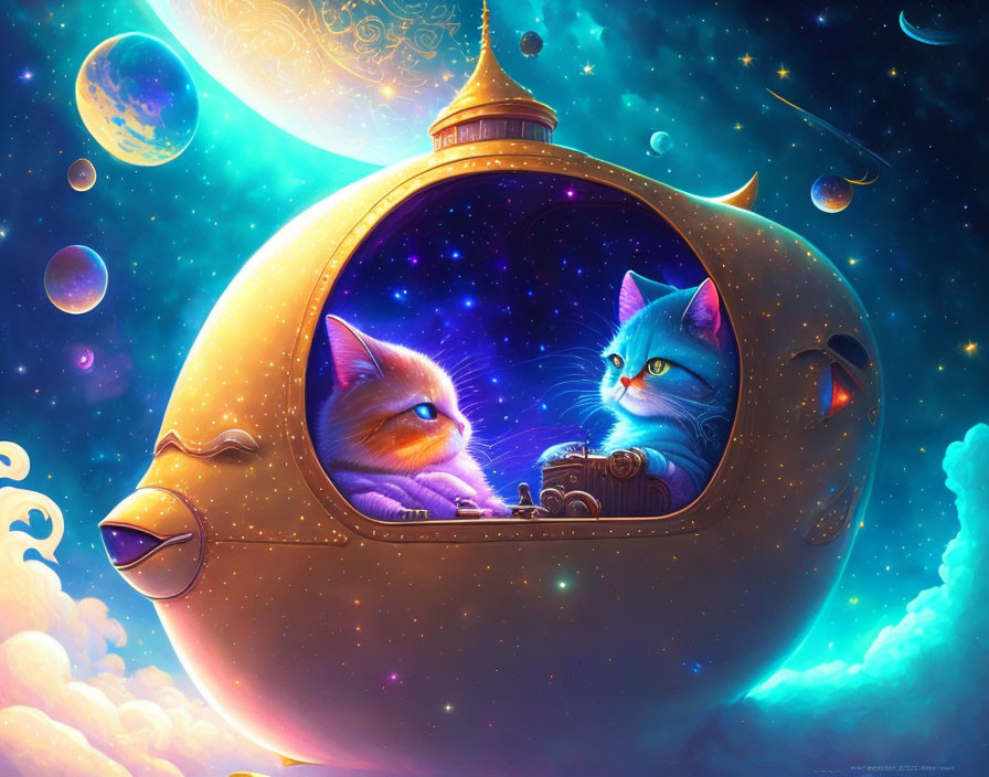Whimsical animated cats in fish-shaped spaceship explore colorful outer space