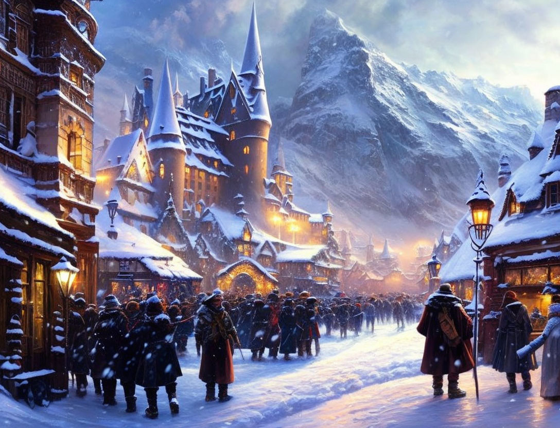 Snow-covered village with castle, lanterns, and mountains at dusk