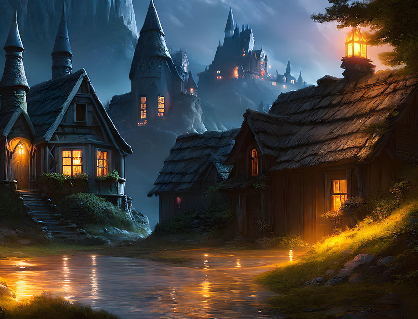 Twilight village with glowing windows, thatched-roof cottages, river, and distant castle.