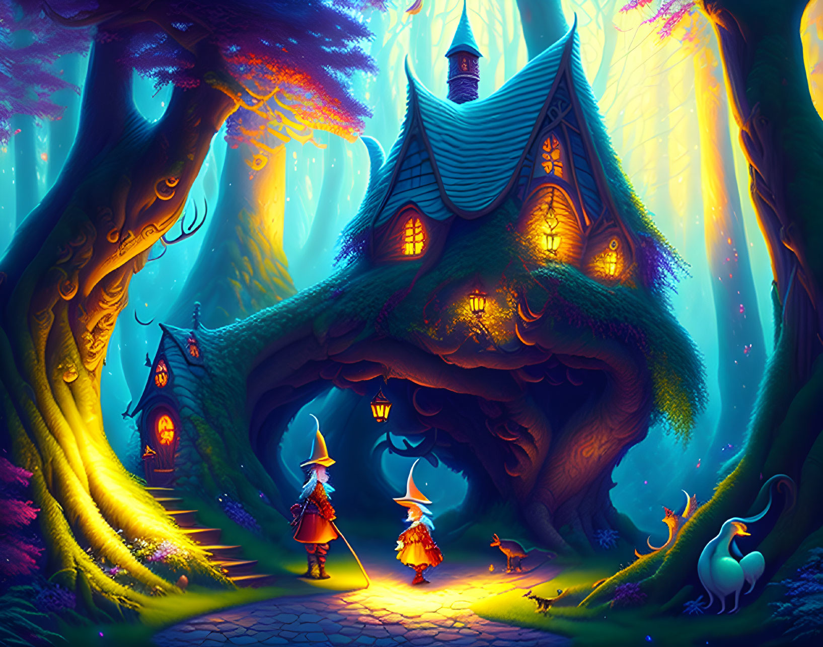 Enchanting forest scene: witches, magical treehouse, curious cat