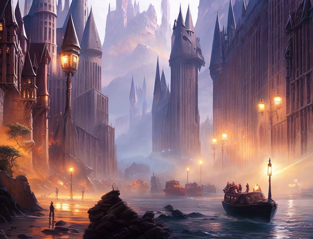 Misty river and towering spires in fantasy cityscape at dusk