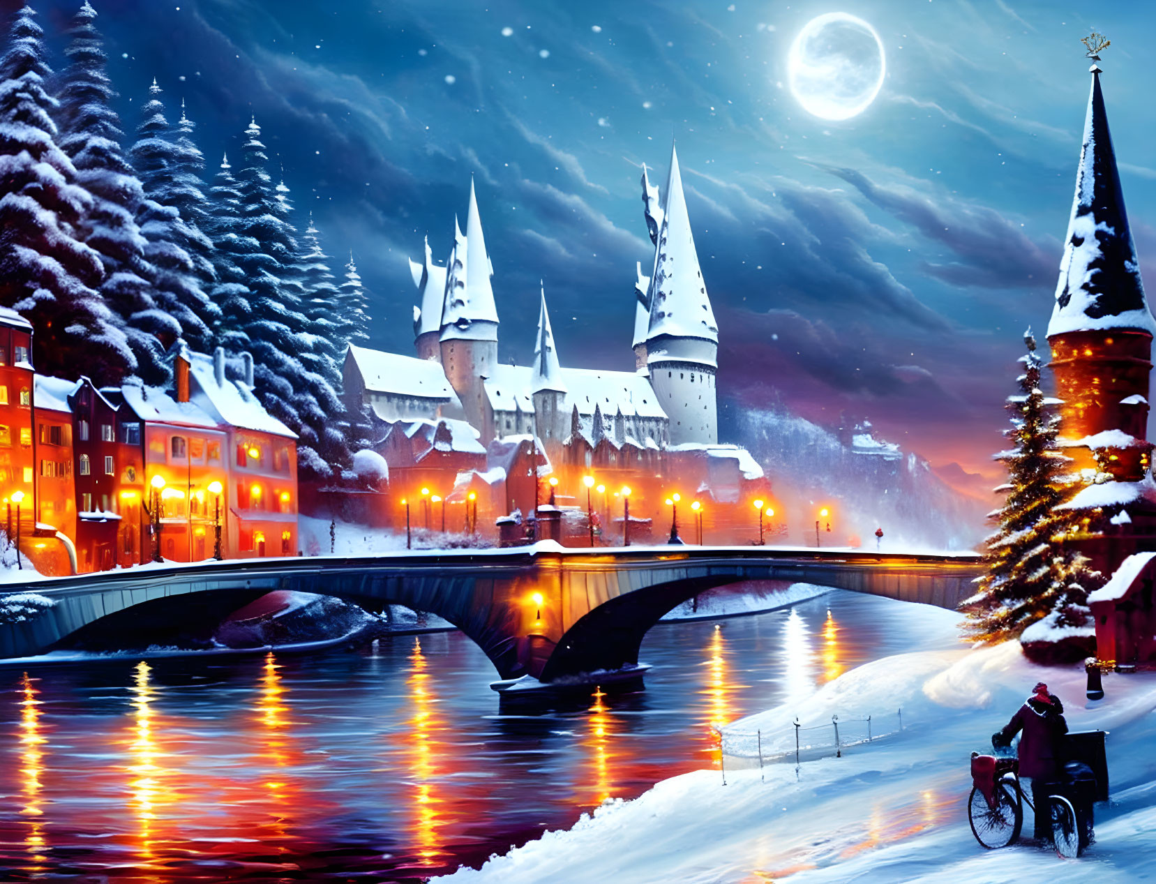 Winter Castle Scene with River Bridge, Snowy Trees, and Full Moon