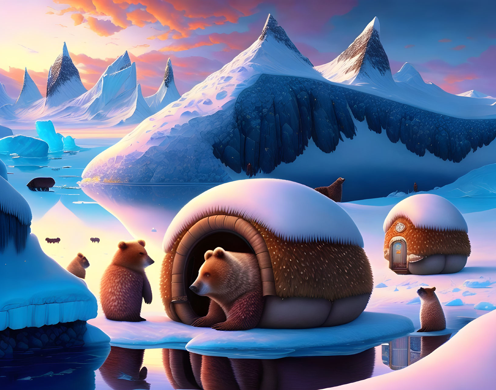 Whimsical wintry scene with bears and igloo-like structures