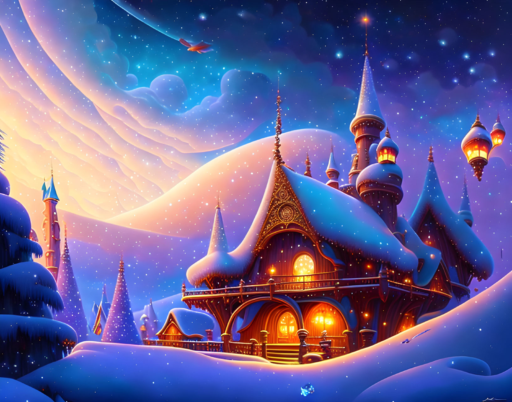 Snow-covered fantasy castle at night with glowing windows