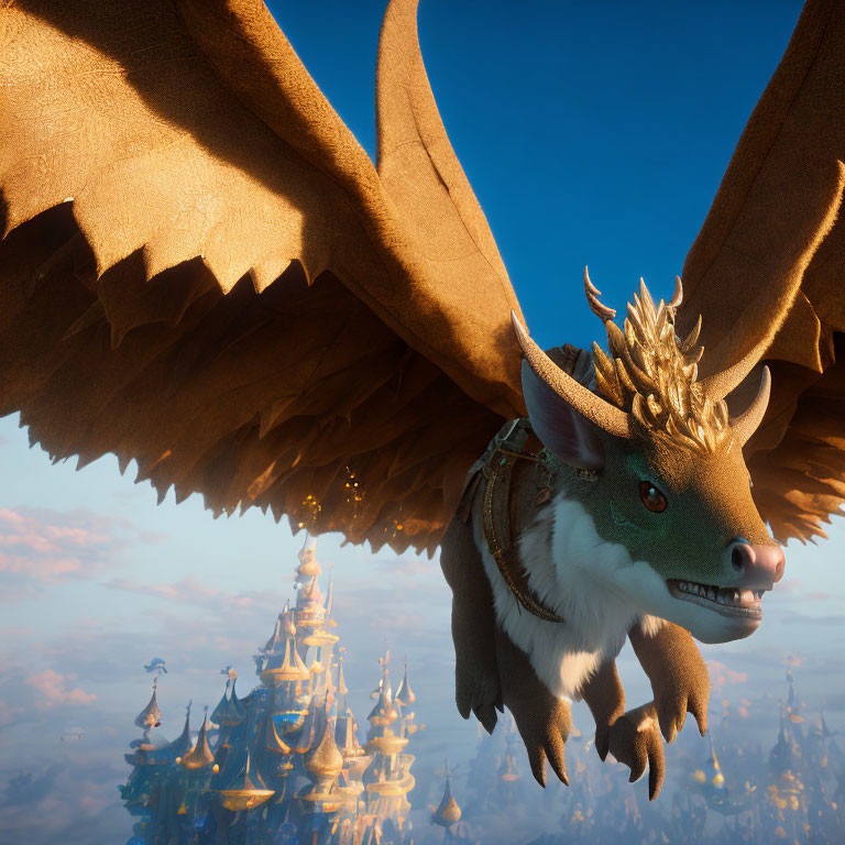 Golden-horned flying creature with outspread wings and fairytale castle against clear blue sky