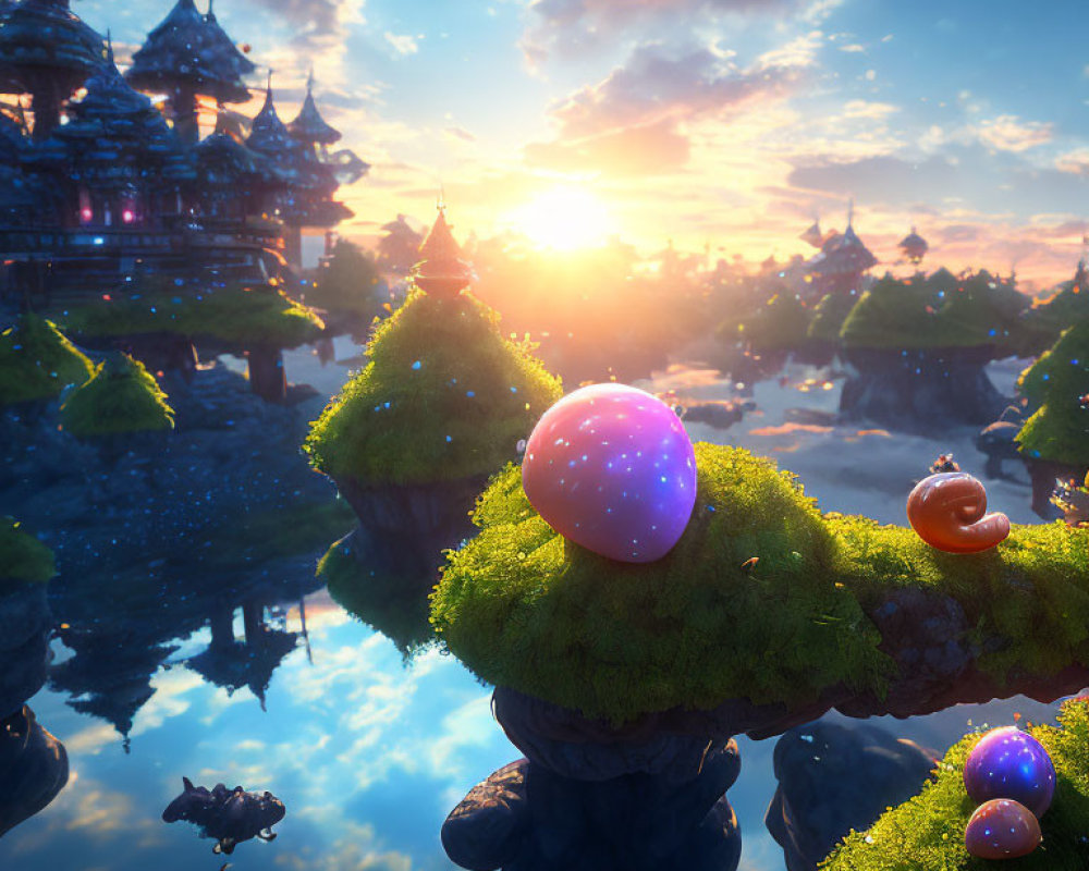 Fantastical landscape with floating islands, castles, orbs, snails, and vibrant sunset