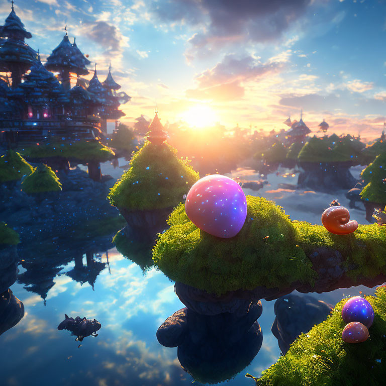 Fantastical landscape with floating islands, castles, orbs, snails, and vibrant sunset