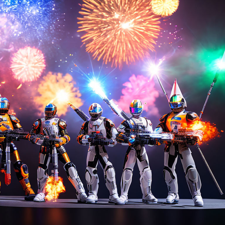Space armor action figures in dynamic pose with weapons, set against fireworks.