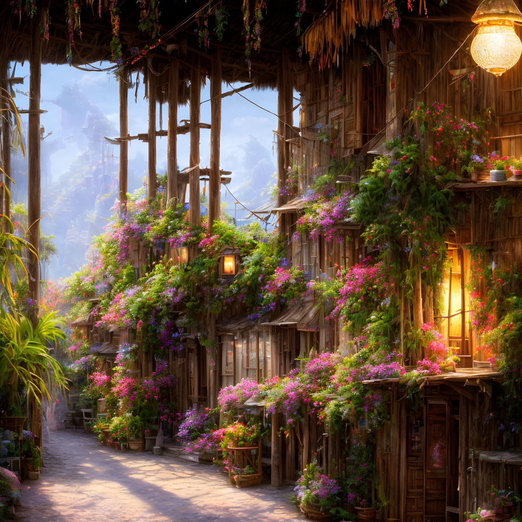 Charming village scene with wooden houses and blooming flowers