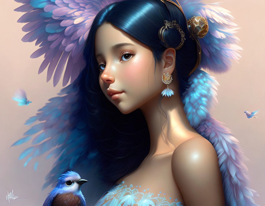Illustration of girl with angelic wings and blue bird, featuring ornate hair accessories and floral motifs