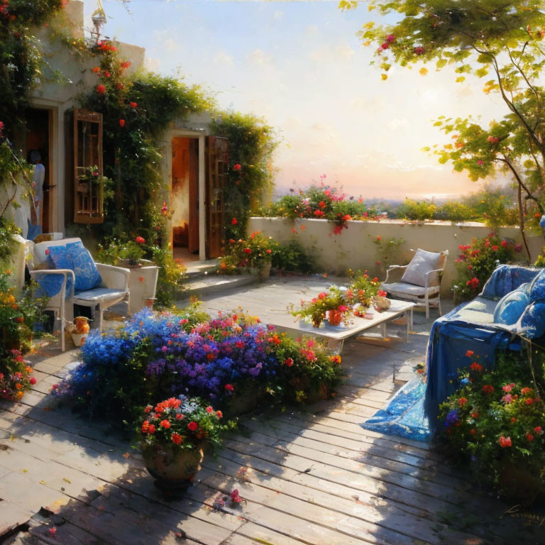 Tranquil terrace with vibrant flowers and blue chairs overlooking hazy horizon