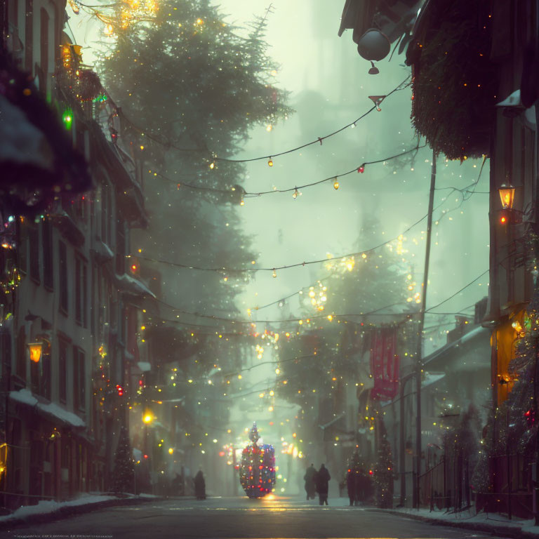 Snowy Street Decorated with Christmas Lights and Silhouettes at Twilight