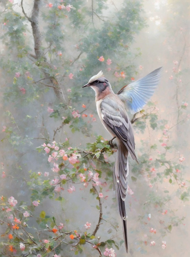 Graceful Bird with Outstretched Blue Wings Among Pink Blossoms