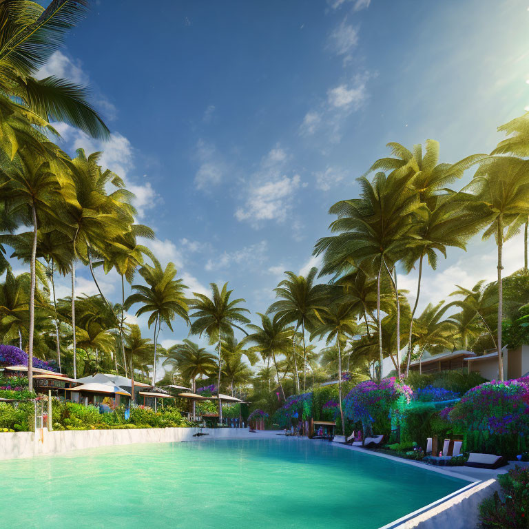 Lush palm trees and flowers surround tropical resort pool