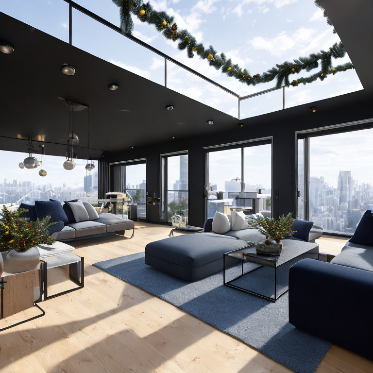 Spacious living room with blue sofas, wooden flooring, and city skyline view decorated with garlands.