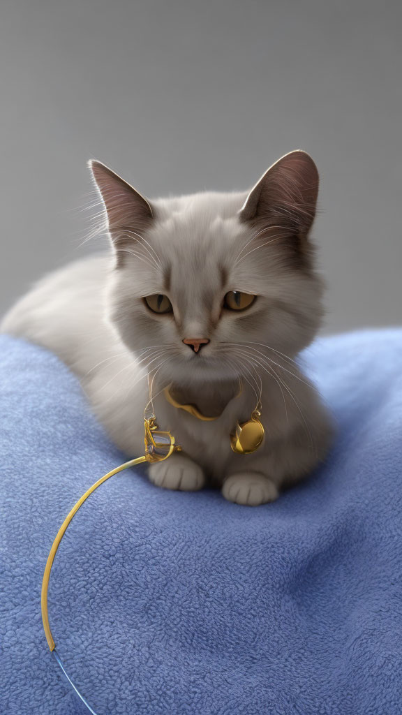 White Cat with Gold Eyes Resting Beside Blue Fabric and Gold Object