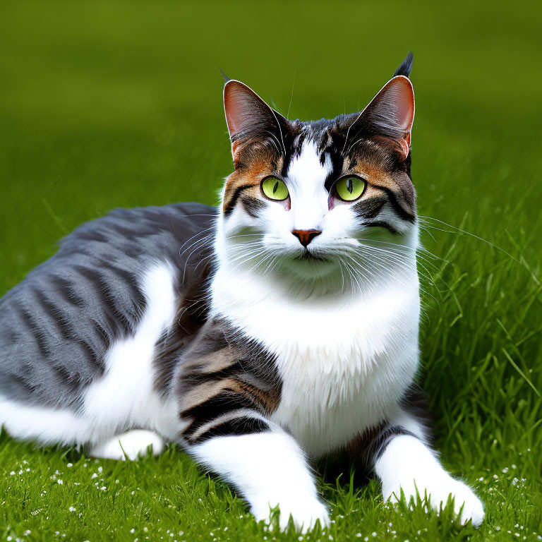 Striped Cat with Green Eyes Resting on Vibrant Grass