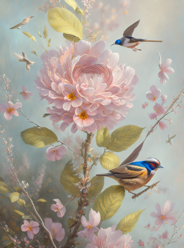 Colorful birds flying amidst pink blossoms and detailed peonies on a serene pastel background.