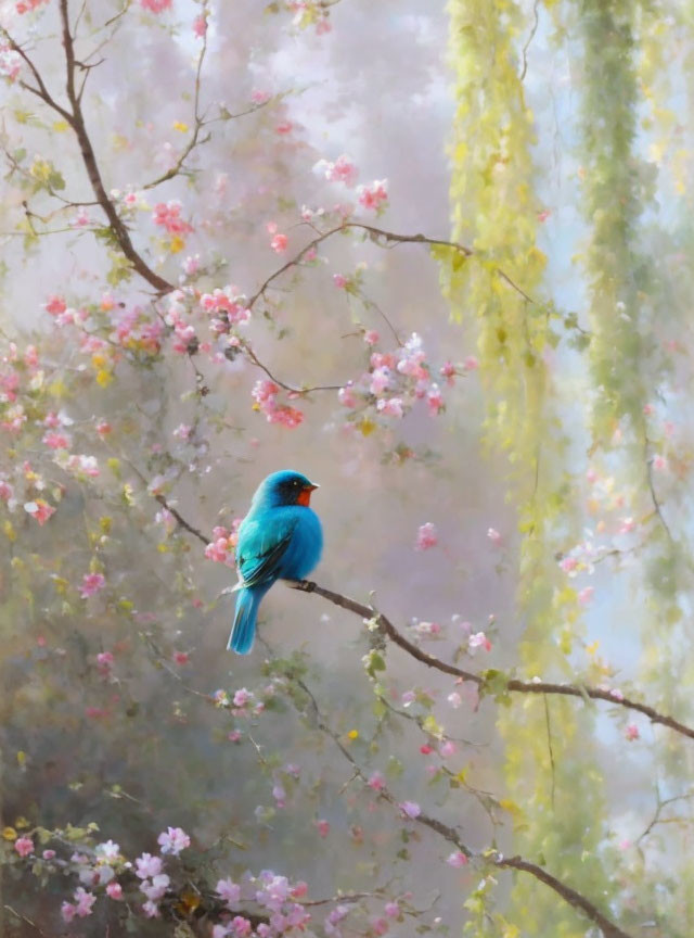 Blue bird perched on branch among pink blossoms and pastel forest.