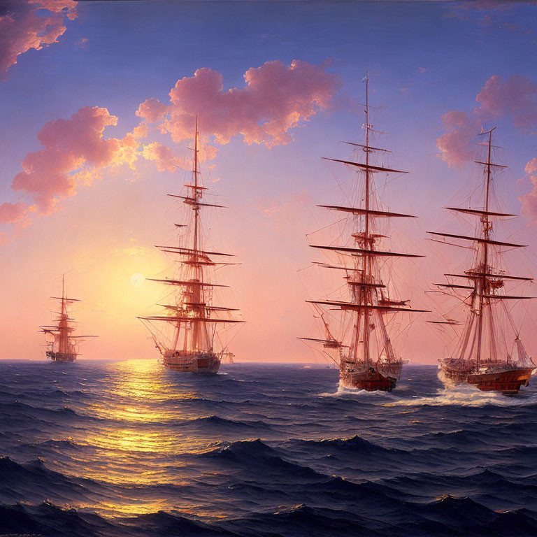 Sailing ships with billowing sails on the open sea at sunset