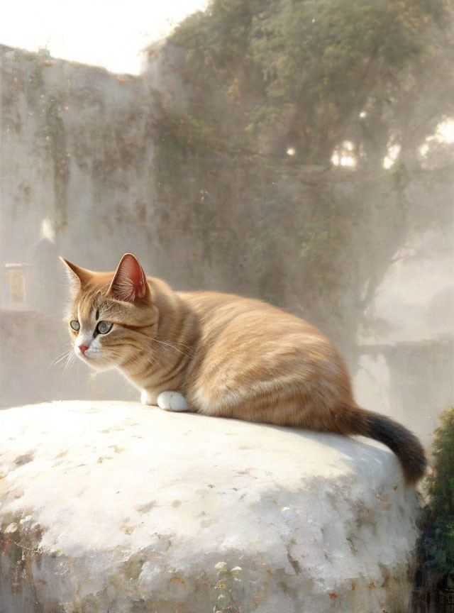 Orange Tabby Cat Sitting on White Stone Surface with Sunlit Background