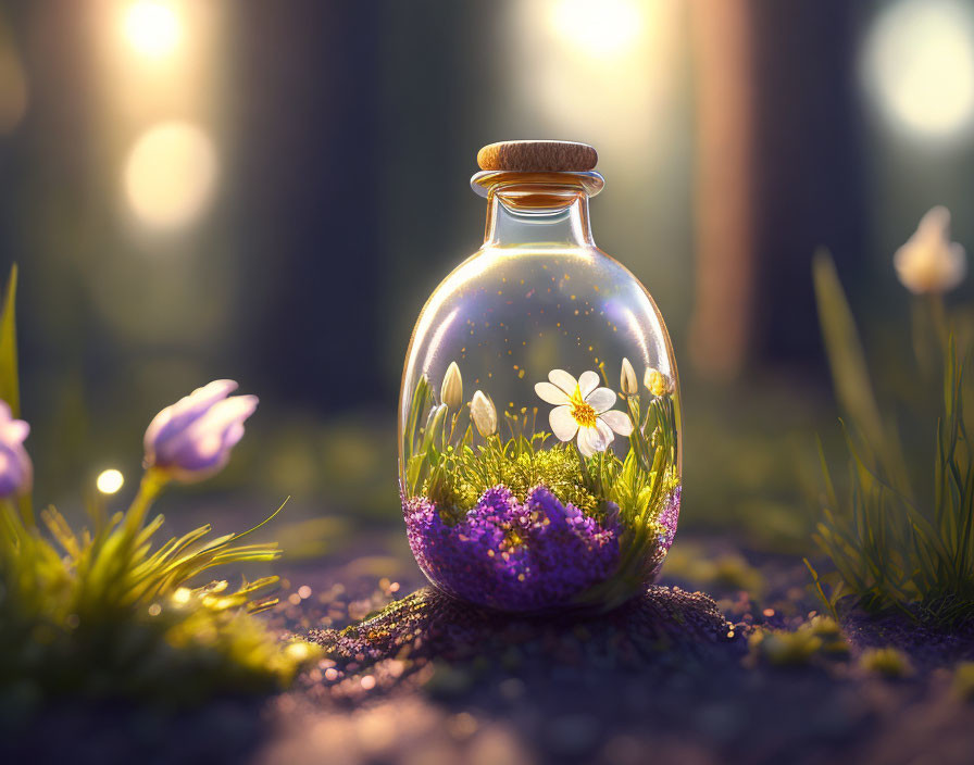 Miniature ecosystem of flowers and plants in glass jar with soft glow in forest setting