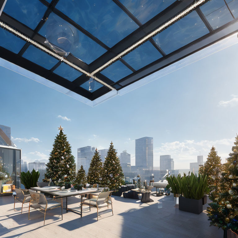 City Rooftop Patio with Christmas Trees and Glass Ceiling overlooking Skyline