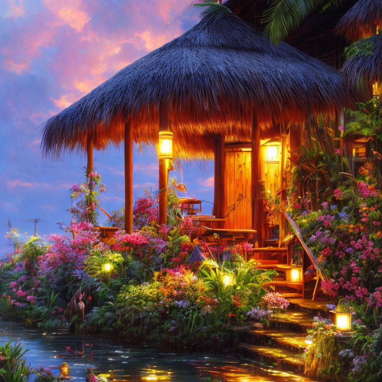 Tranquil tropical dusk scene with thatched hut, lanterns, pond, and colorful sky