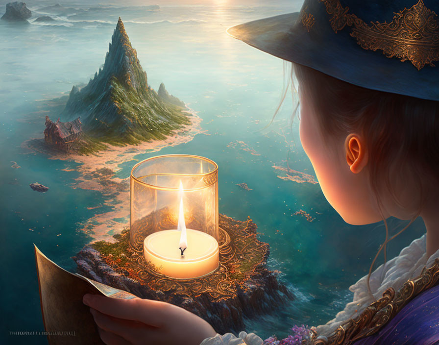Vintage-dressed girl admires surreal seascape with candlelit island in glass