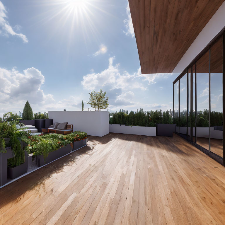 Contemporary terrace with wooden flooring and glass windows