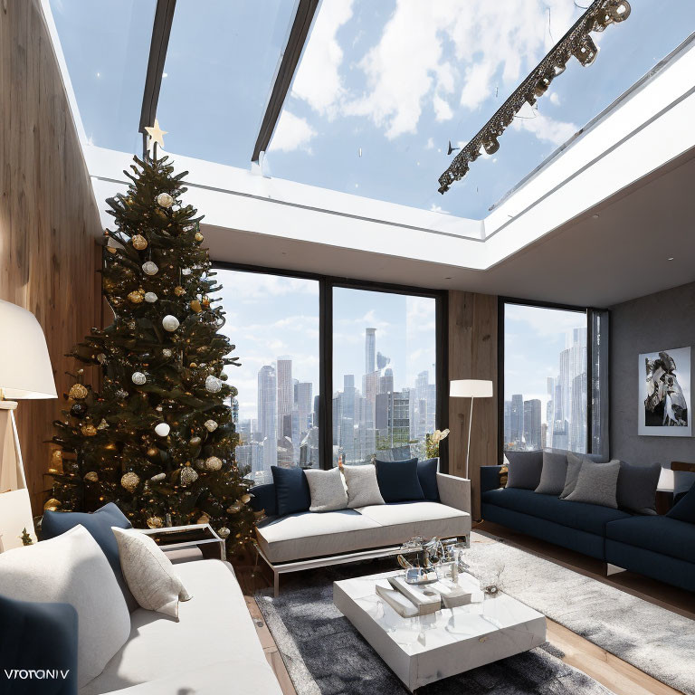 Spacious Christmas-themed living room with city view, tree, plush sofas, and wooden decor