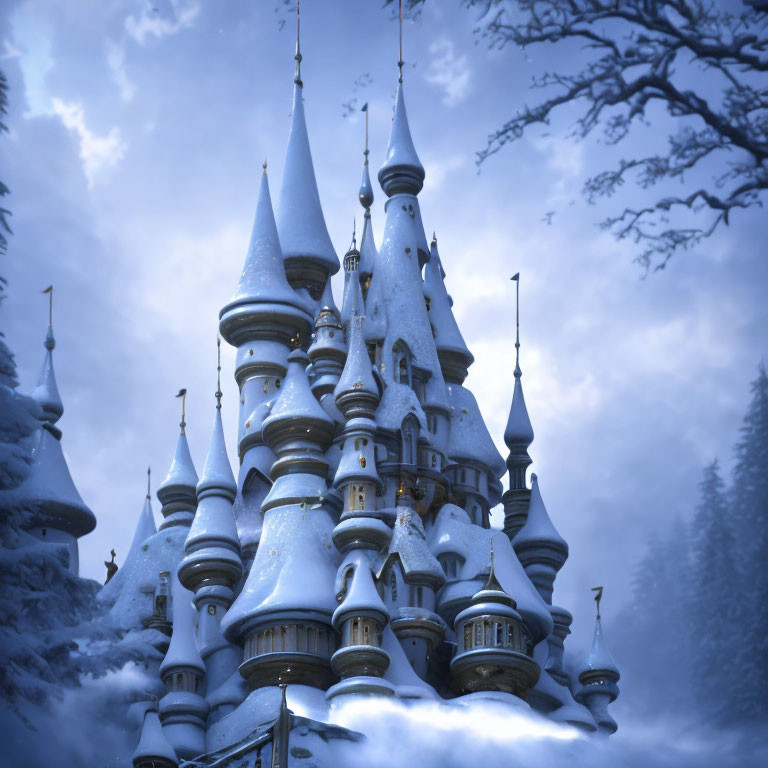 Fantasy Castle with Snow-Covered Spires in Winter Landscape