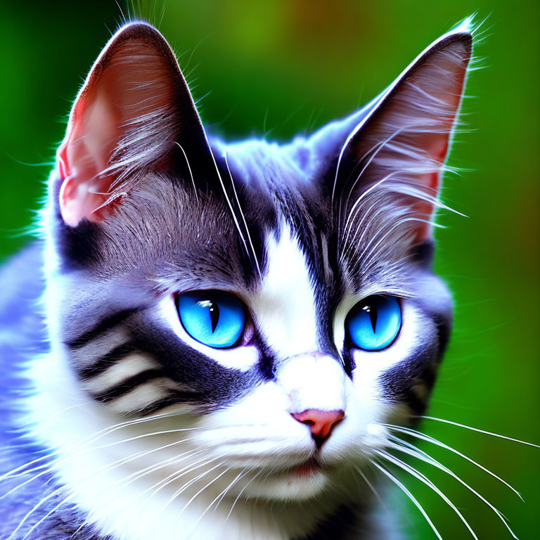 Black and White Domestic Cat with Blue Eyes and Pointed Ears in Close-up Shot