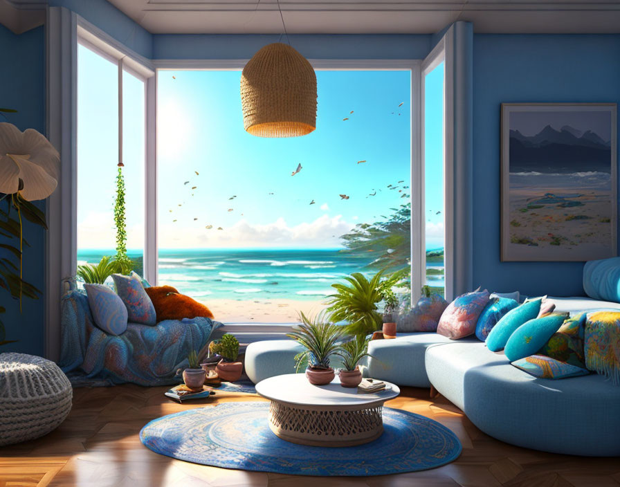 Cozy Coastal Living Room with Blue Sofa and Sea View