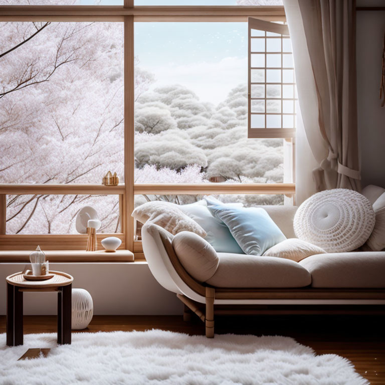 Traditional Cozy Room with Cherry Blossom View and Comfortable Sofa